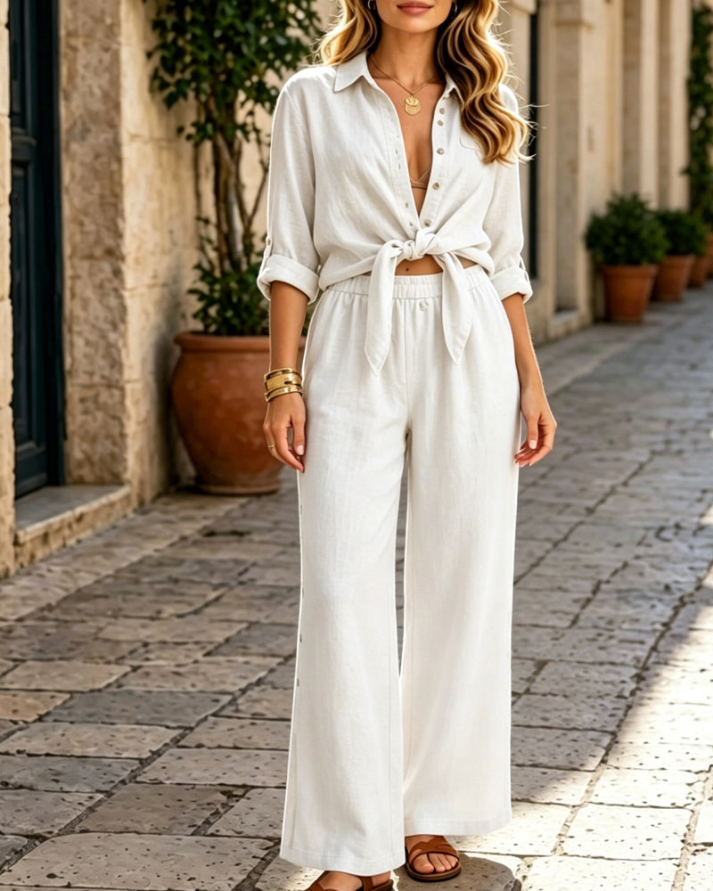 Casual Cotton Linen Shirt and Wide-leg Pants Set