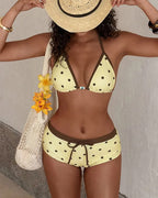 Retro Polka Dot Print Colorblock Beach Vacation Bikini Swimsuit Set