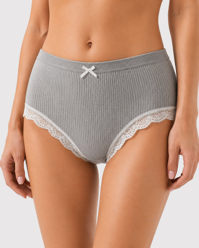 High Waisted Pure Cotton Ribbed Lace-trim Panties
