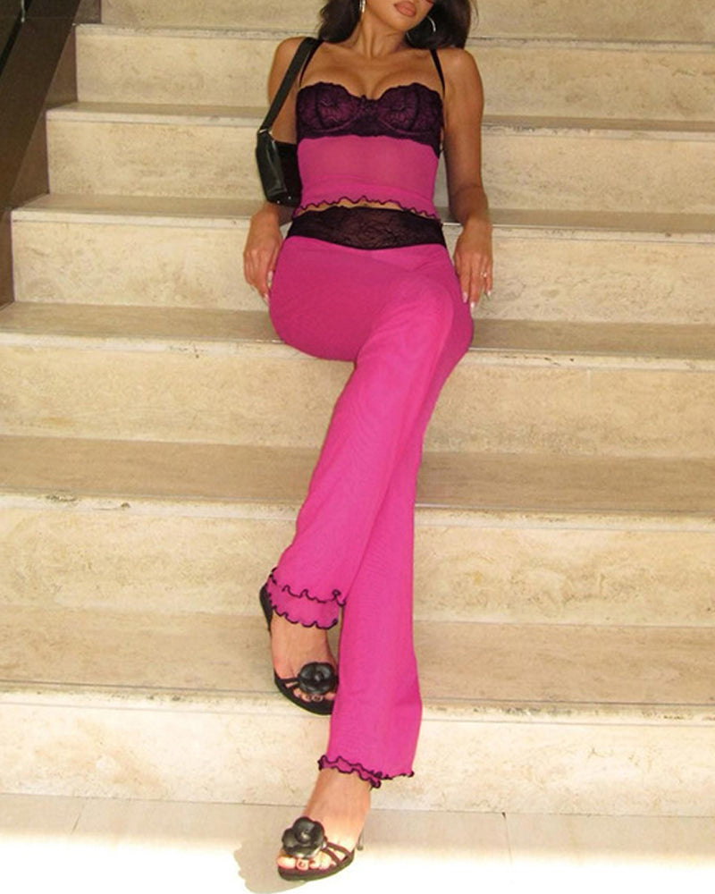 Casual Lace-paneled Sheer Mesh Colorblock Leopard Print Sleeveless Tank Top and Butt-lifting Long Pants Set