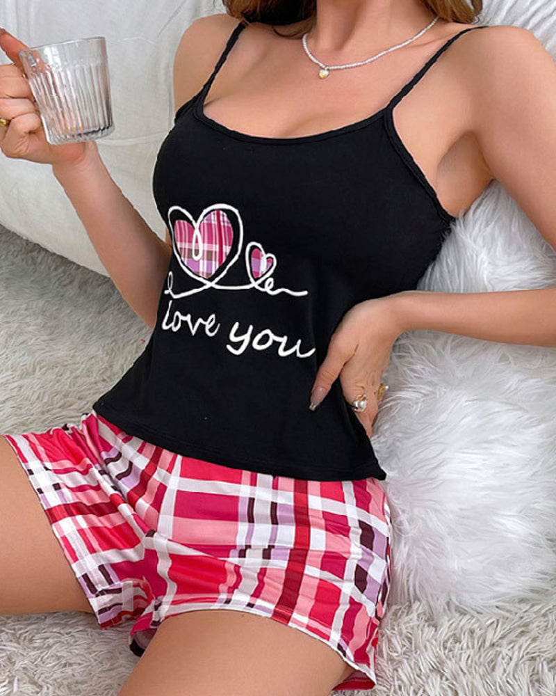 Casual Plaid Colorblock Print Camisole and Shorts Loungewear Set