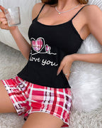 Casual Plaid Colorblock Print Camisole and Shorts Loungewear Set
