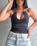 Sexy Metallic Choker Halter Waist Tie Detail Top