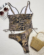 Women's Sexy Retro Deep V Leopard Print Bikini Swimsuit Set