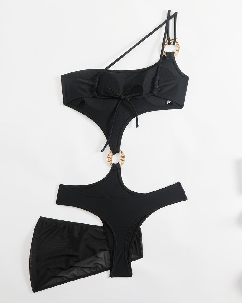 Sexy One-shoulder Solid Color One-piece Swimsuit and Cover-up Set