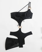 Sexy One-shoulder Solid Color One-piece Swimsuit and Cover-up Set