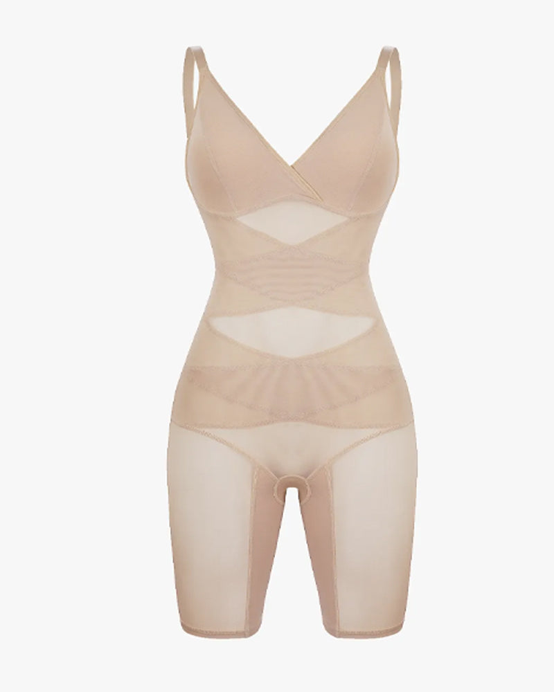 V-neck Mesh-paneled Seamless Tummy Control Hip Lift Bodysuit