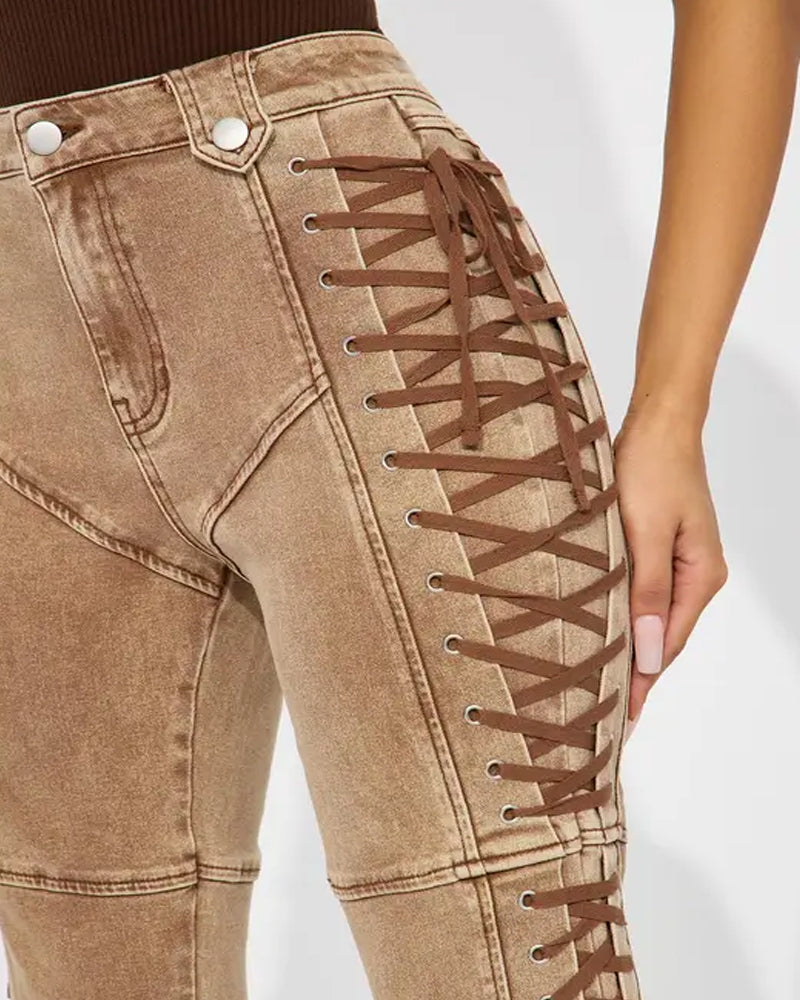 Fashion Side Drawstring Flared Jeans