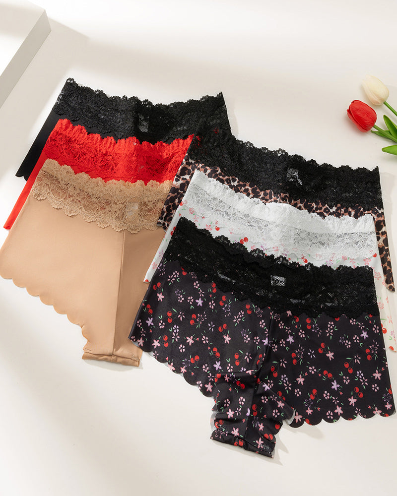 Six-Pack Seamless Ice Silk Lace Trim Print Boxer Briefs
