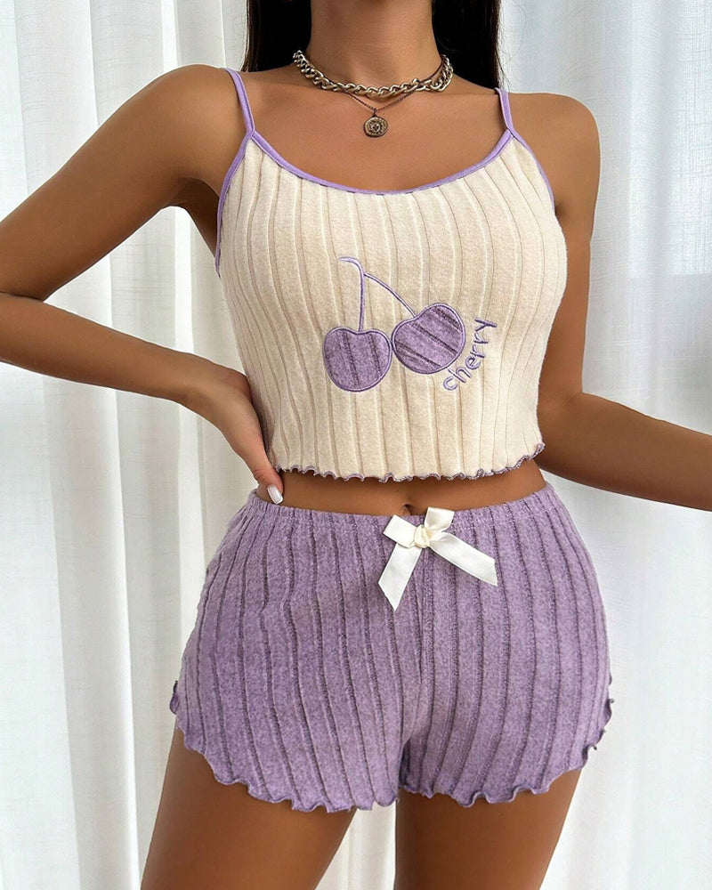 Cherry Brushed Colorblock Camisole and Shorts Loungewear Set