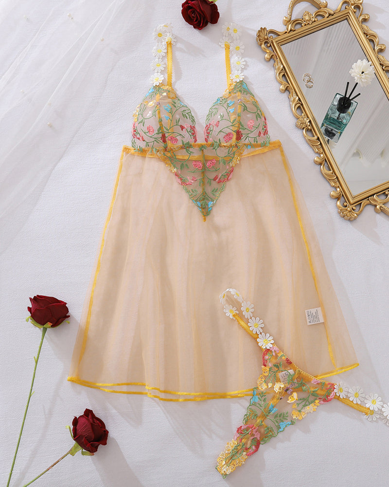 Sexy Floral Embroidered Daisy Sheer Mesh Babydoll and Thong Set