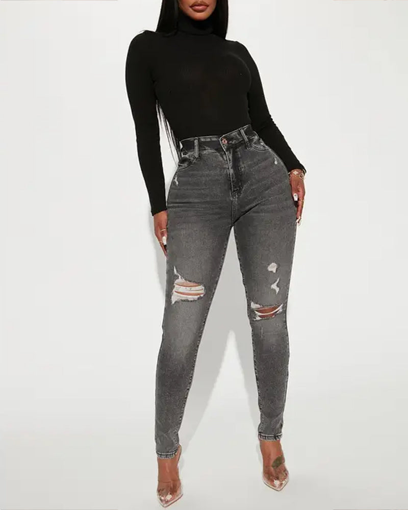 Washed High-stretch Tight-fitting Ripped Skinny Jeans