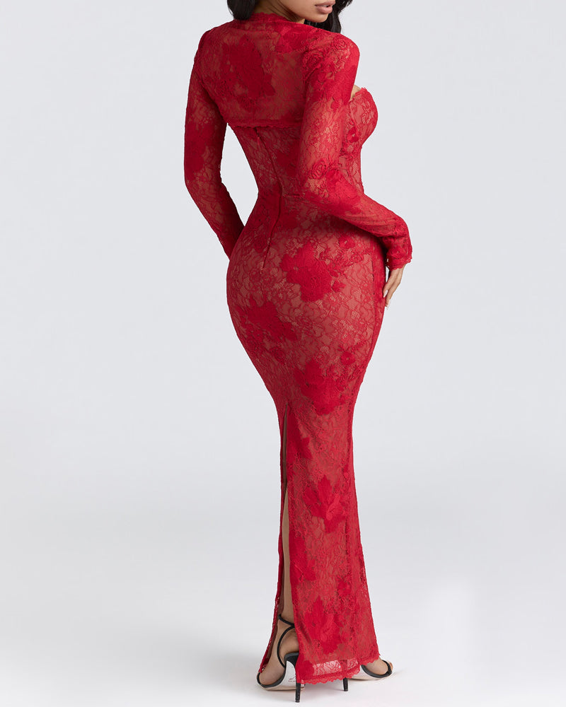Sexy Floral Lace Strapless Bodycon Slit Long Dress and Long-sleeved Cover-up Set
