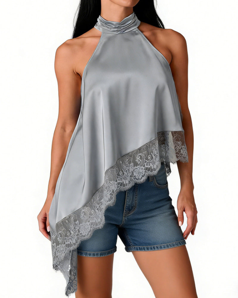 Women's Sleeveless Lace-trimmed Asymmetrical Halter Neck Satin Breathable Top
