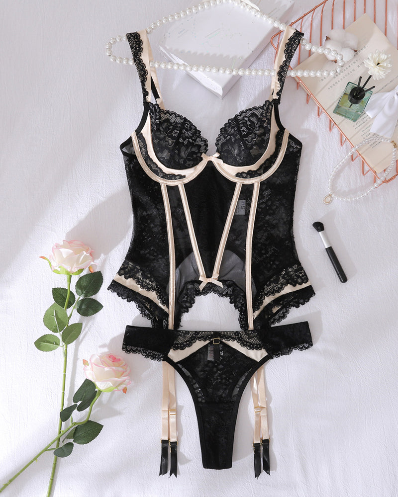 Colorblock Sheer Lace Shaping Lingerie Set