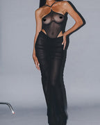 Black Sexy Halter-neck Sheer Mesh Bodysuit and Long Skirt Set
