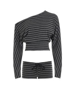 Women's Casual Striped Color Block One-Shoulder Long-Sleeve Top and Shorts Set