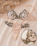 Sexy French-style Ultra-thin Push-up Floral Embroidered Mesh See-through Lingerie Set