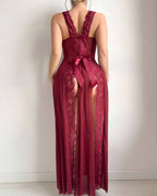 Sexy Deep V-neck High Slit Lace See-through Long Nightgown