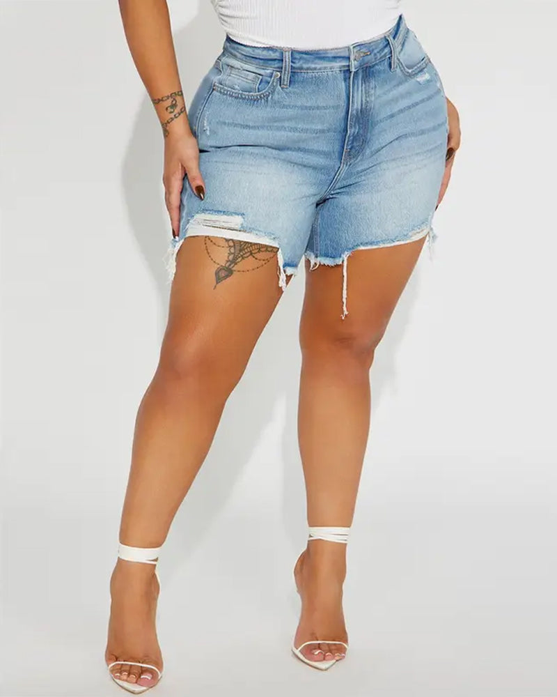 Stretch Washed Distressed Denim Shorts