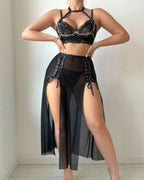 Sexy Halter Neck Lace See-through Mesh Leather Patchwork Slit Long Skirt Lingerie Set