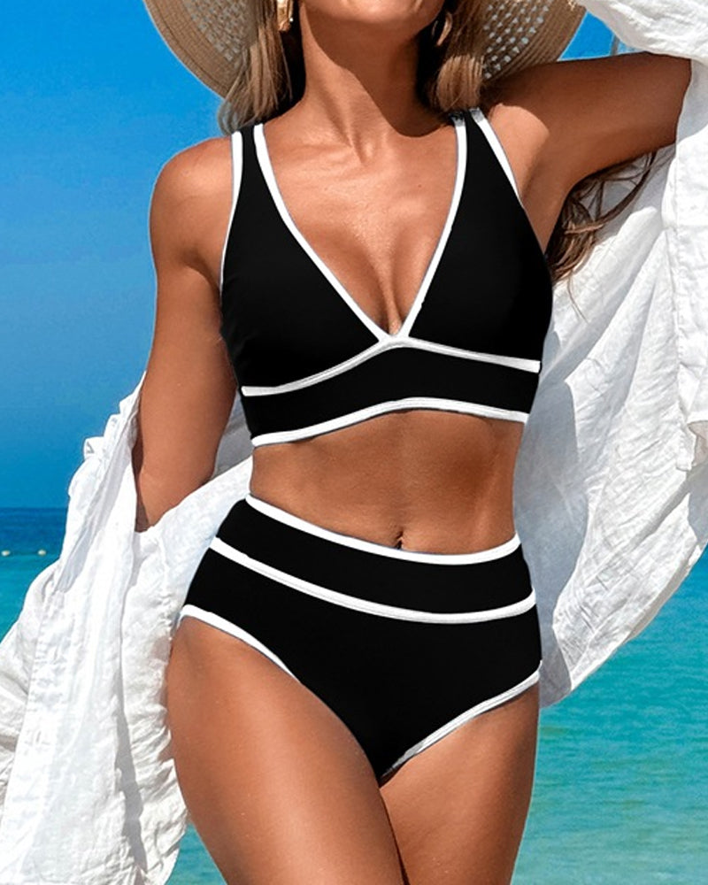 Beach Vacation V-neck Colorblock Print Two-Piece Swimsuit