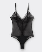 Black Floral Lace Mesh See-through Deep V Sexy Bodysuit