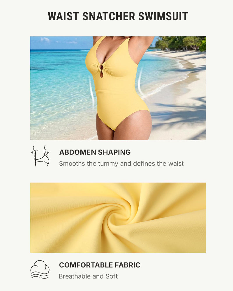 Deep V Solid Color Tummy Control Shaping One-piece Swimsuit