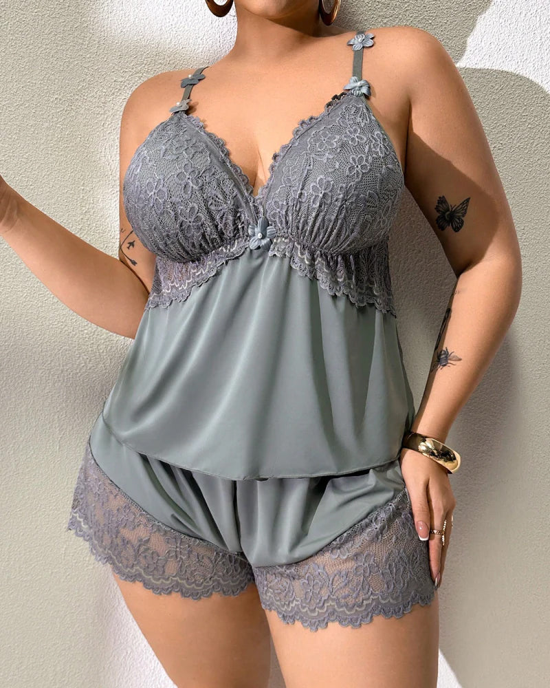 Plus Size Lace Satin V-Neck Camisole and Shorts Pajama Set