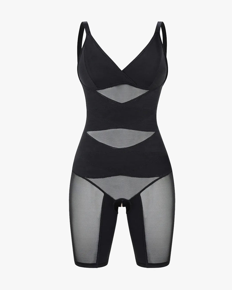 V-neck Mesh-paneled Seamless Tummy Control Hip Lift Bodysuit