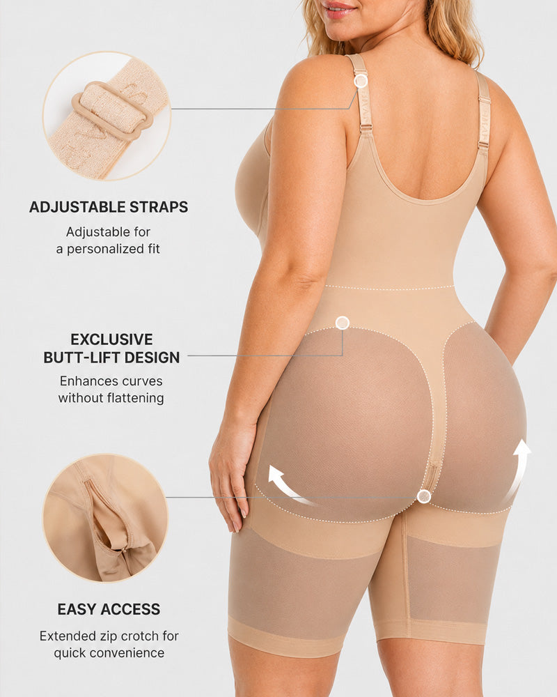 Full Body Mid Thigh Front Zipper Seamless Bodysuit Shapewear
