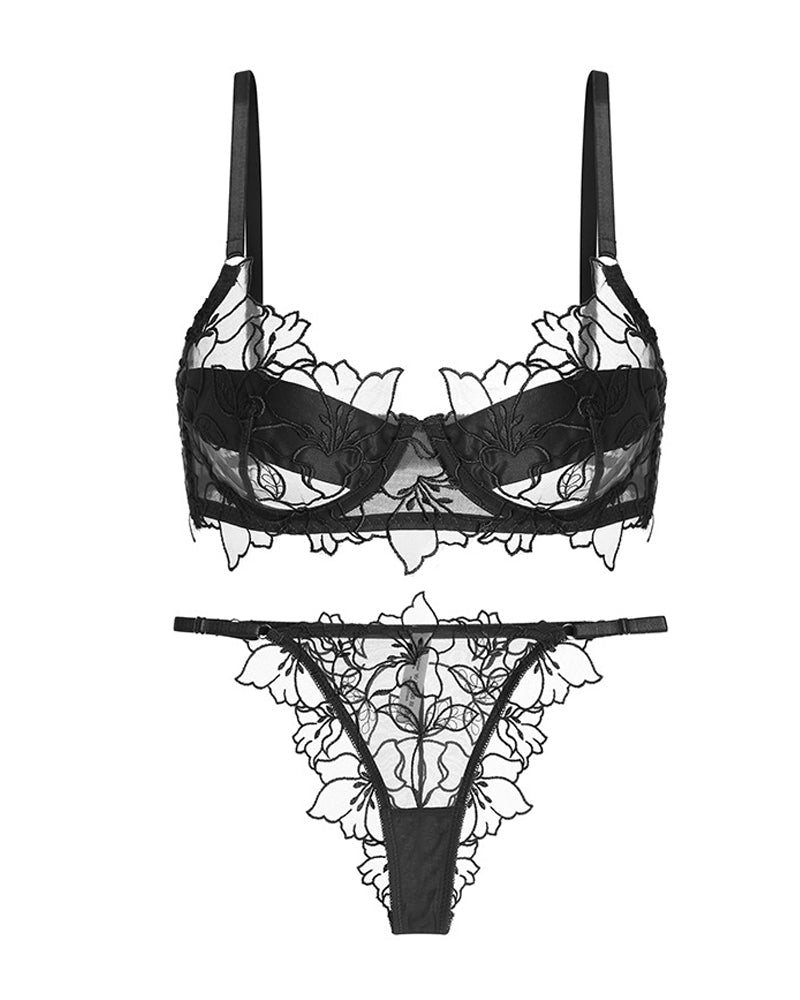 Sexy Floral Embroidered Lace See-through Mesh Bra and Briefs Set