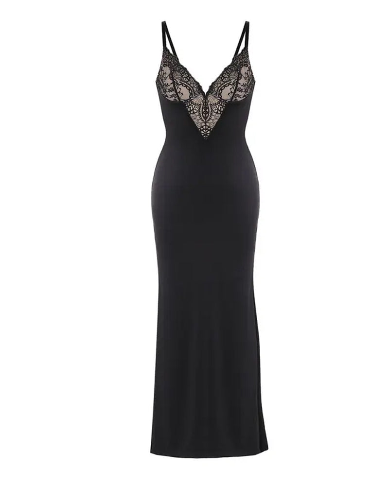Sleeveless Deep V-Neck Lace Built-in Shapewear Set Maxi Dress
