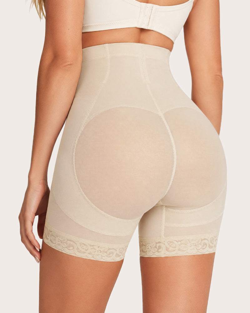 High Waist Tummy Control Sheer Mesh LaceTrim Shaping Shorts