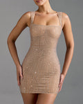Square Neck Rhinestone Sexy Slim Stretch Dress