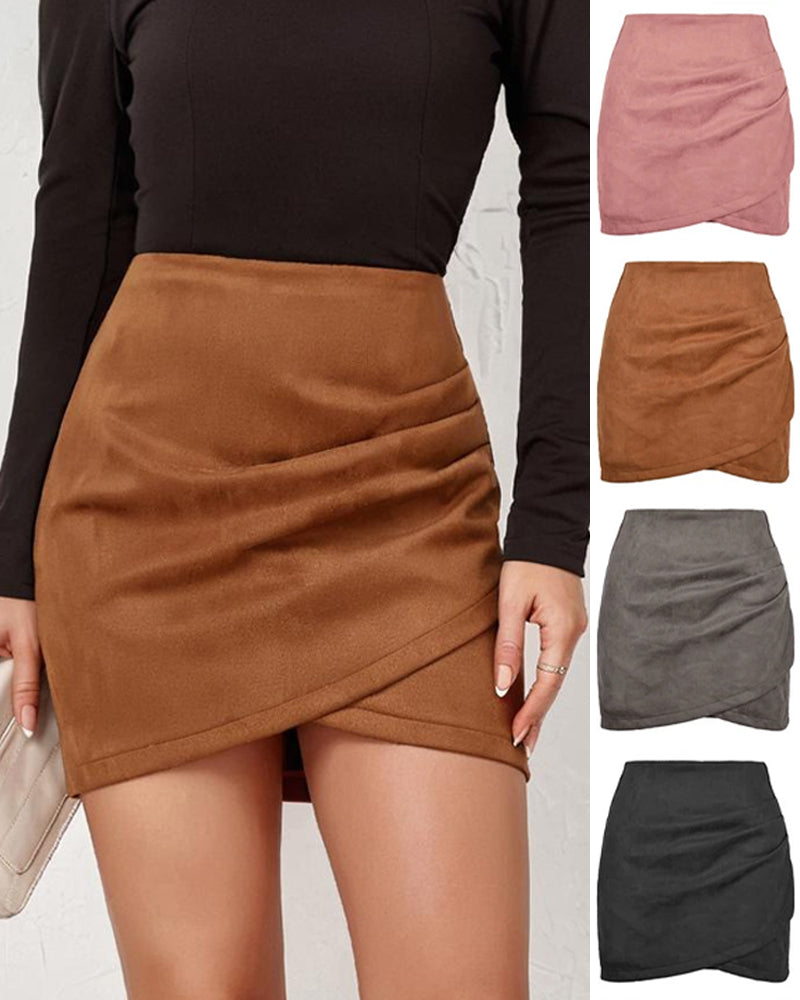 Suede Pleated Irregular Zipper Bodycon Mini Skirt