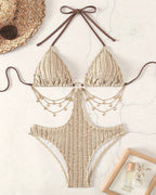 Sexy Tie-up Openwork Chain-decorated One-piece Swimsuit