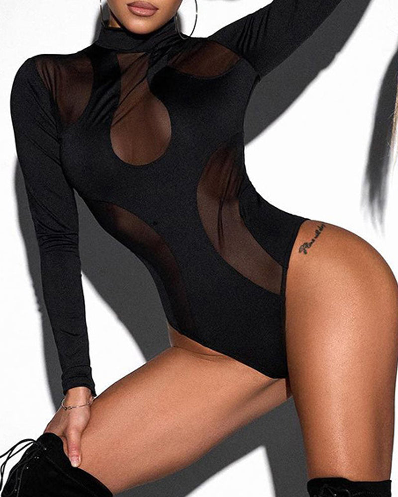 Sexy See-through Mesh Patchwork Yight-fitting Waist-cinching Long-sleeved Bodysuit