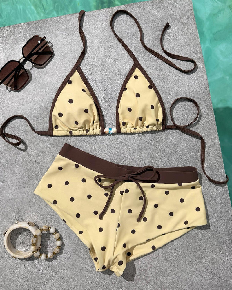 Retro Polka Dot Print Colorblock Beach Vacation Bikini Swimsuit Set