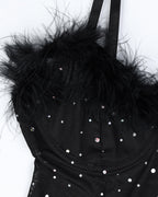 Sexy Rhinestone Feather Patchwork See-Through Elastic Mesh Slit Lingerie Nightgown