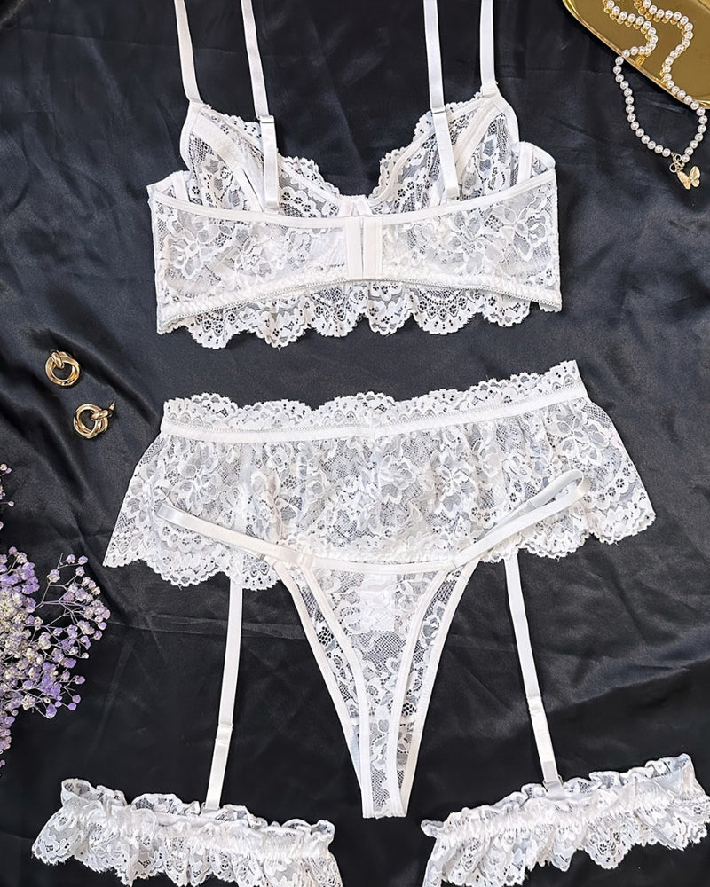 Sexy Floral Lace Mesh Underwire Bra Lingerie and Detachable Lace Thigh Garter Belt Set