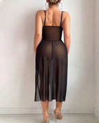 Sexy Lace Mesh Sheer High-slit Waist-shaping Long Nightgown
