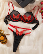 Sexy Colorblock Mesh Sheer Butterfly Embroidery Lingerie Set