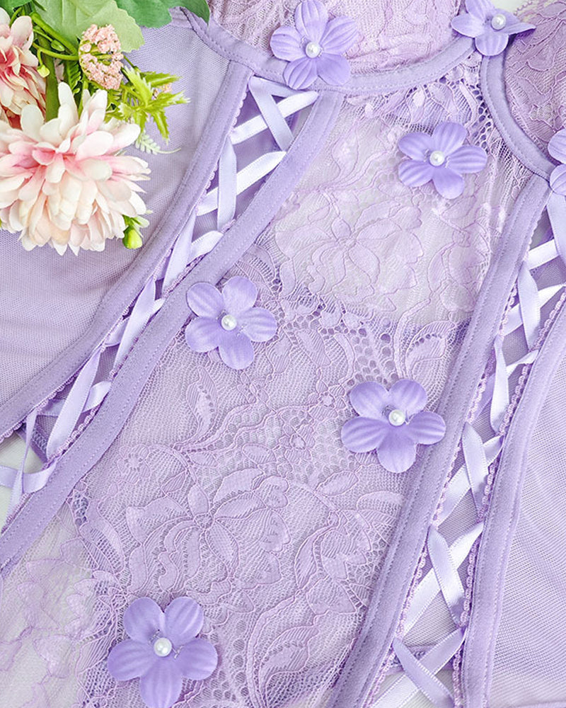 Sexy Floral Lace Sheer Cutout Strappy Bodysuit Lingerie