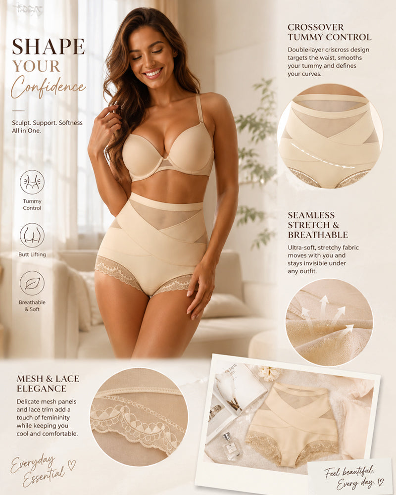 Women's High-waisted Crossover Lace Mesh Breathable Panties