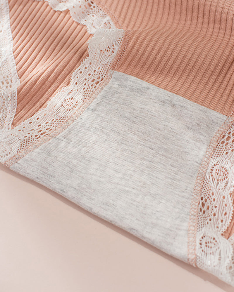 High Waisted Pure Cotton Ribbed Lace-trim Panties
