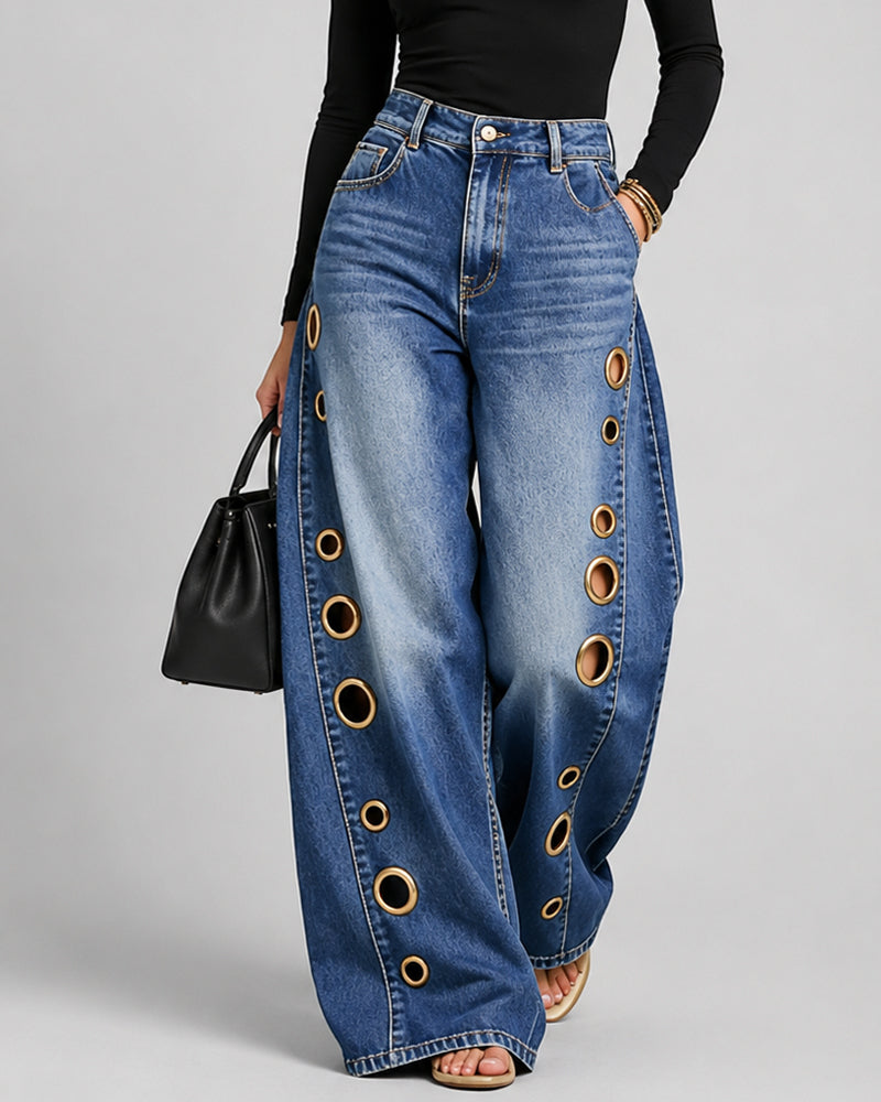 Casual Loose Metal Perforations High Waist Wide-leg Washed Jeans