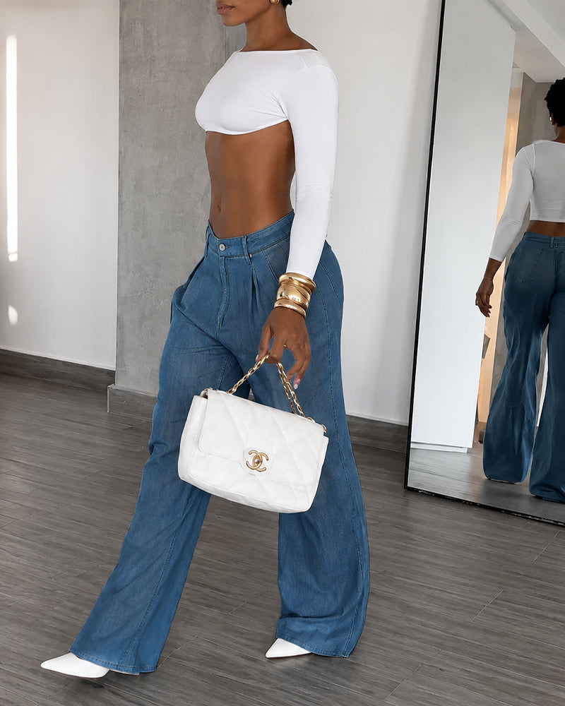 High Waist Pleated Tencel Faux Denim Wide-leg Pants
