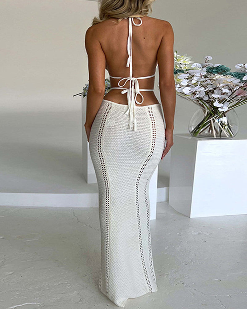 Vacation Sexy Halter-neck Knitted Strappy Deep V-neck Backless Long Beach Dress