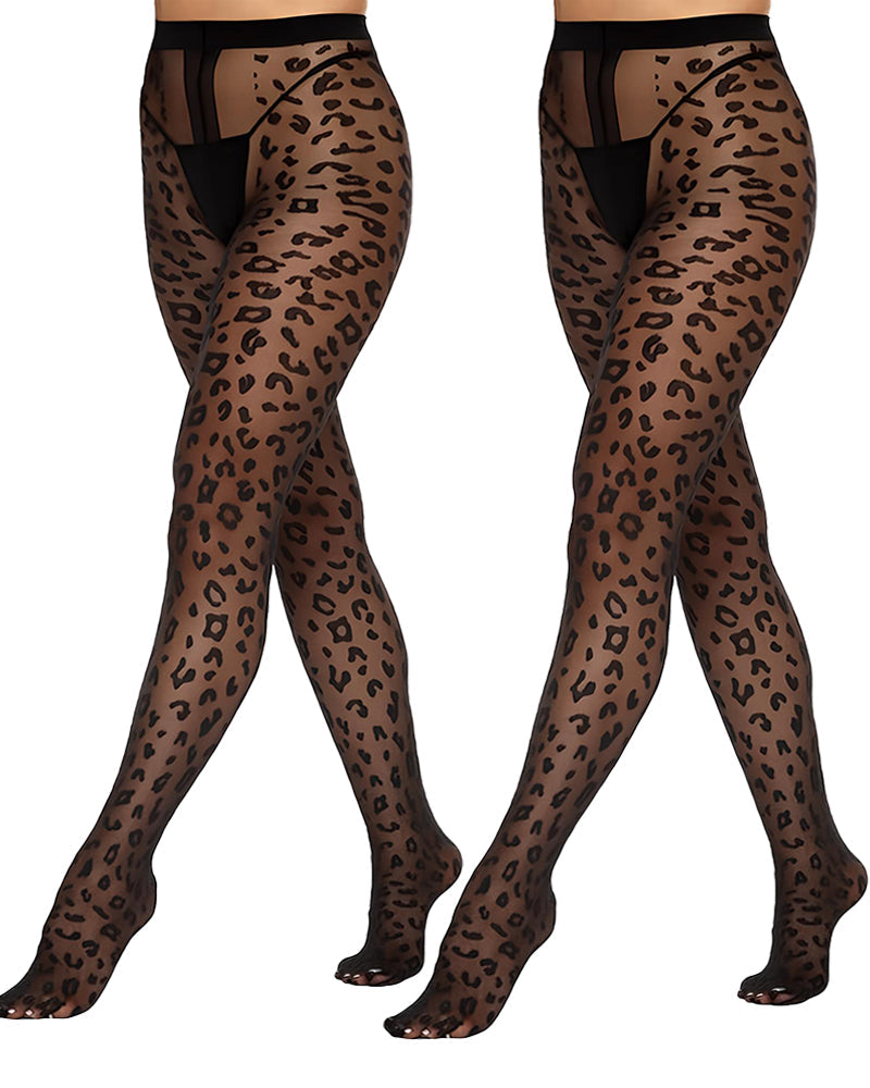 Two Pack High Waist Ultra Thin Leopard Print Sheer Tights Pantyhose